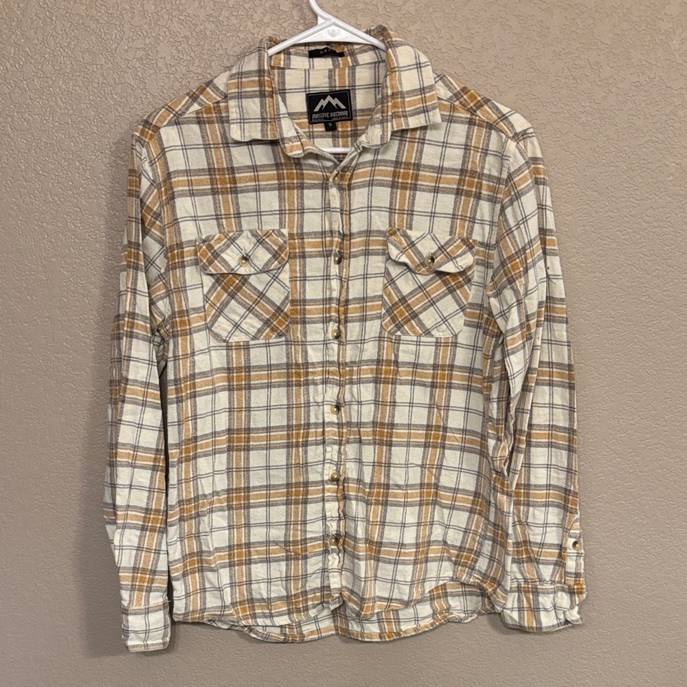 Casual Plaid Button-Down Shirt - Cream and Brown